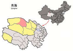 Location of Da Qaidam (red) in Haixi Prefecture (yellow) and Qinghai