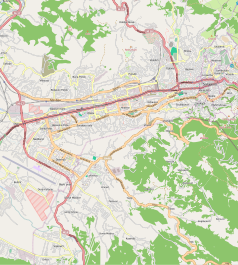 Mapa konturowa Sarajewa, po prawej nieco u góry znajduje się punkt z opisem „Synagoga w Sarajewie”