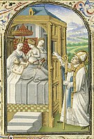 St. Nicholas, Bishop of Myra, gives secretly dowries to three poor girls - miniature on folio 084r