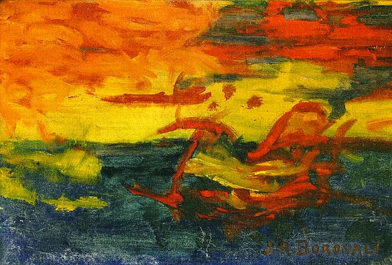 Et le soleil s'endormit sur l'Adriatique [fr] (Sunset Over the Adriatic), 54 × 81 cm, painting made by donkey (Lolo) assisted by Roland Dorgelès.