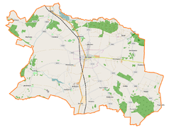 Mapa konturowa gminy Byczyna, blisko prawej krawiędzi nieco na dole znajduje się punkt z opisem „Nowy Gródek”