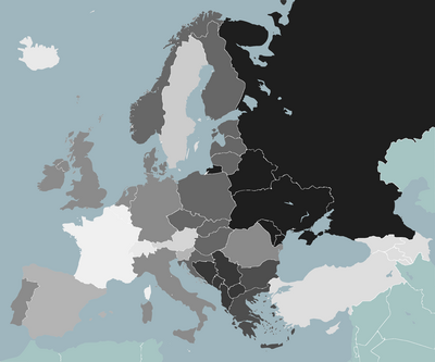 labelled map of European countries color coded by percent of Avaaz members