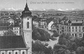 Blick über die Pfarrkirche St. Michael auf den Pfanzeltplatz in Perlach, Postkarte, um 1910