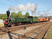 Die 1858 von der Schweizerischen Centralbahn beschaffte Ec 2/5 28 „Genf“, hier bei einer Jubiläums­veranstaltung, steht im Verkehrshaus der Schweiz.