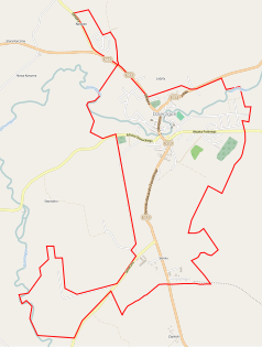 Mapa konturowa Dzierzgonia, blisko centrum u góry znajduje się punkt z opisem „Kościół Trójcy Przenajświętszejw Dzierzgoniu”