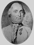 Black and white print shows a clean-shaven man with white hair. He wears a white military uniform pinned with the Military Order of Maria Theresa.