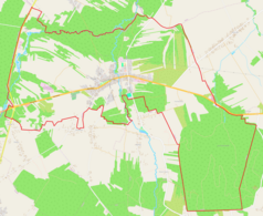 Mapa konturowa Gielniowa, blisko centrum u góry znajduje się punkt z opisem „Parafia bł. Władysława z Gielniowa”