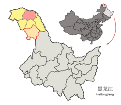 Tahe County (red) in Daxing'anling Prefecture (yellow) and Heilongjiang