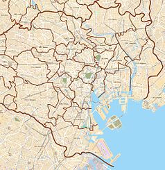 Mapa konturowa Tokio, blisko centrum na lewo znajduje się punkt z opisem „Yoyogi National Gymnasium”