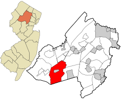 Location of Chester Township in Morris County highlighted in red (right). Inset map: Location of Morris County in New Jersey highlighted in orange (left).