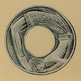 Männliche Person mit zwei kleinen Dreizacken am Gürtel (Relief auf goldenem Schwertgriff aus Malia und dessen Abzeichnung)