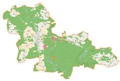 Mapa konturowa gminy Sulęcin, w centrum znajduje się punkt z opisem „Parafia Świętego Sebastiana”