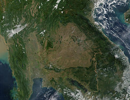 A view of Southeast Asian (Myanmar, Thailand, Laos, Cambodia, and Vietnam) from space, showing a large, central brown patch in the area of Thailand