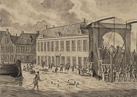 De overstroming van 1825 in Lemmer met op de achtergrond de herberg De Wildeman