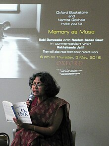 Neelum Saran Gour reading at the literary event, Memory as Muse,[1]Oxford Bookstore, New Delhi