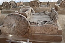 Partially excavated chariots, with skeletons of horses buried in place