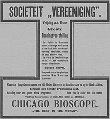 Advertentie voor de eerste voorstelling in Concertgebouw de Vereeniging in de Provinciale Geldersche en Nijmeegsche Courant.