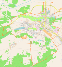 Mapa konturowa Lubska, po prawej nieco u góry znajduje się punkt z opisem „Parafia Nawiedzenia Najświętszej Maryi Panny w Lubsku”