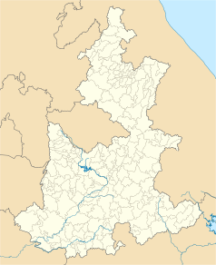 Mapa konturowa Puebly, blisko dolnej krawiędzi nieco na prawo znajduje się punkt z opisem „Tehuacán”