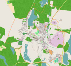 Mapa konturowa Ośna Lubuskiego, u góry znajduje się owalna plamka nieco zaostrzona i wystająca na lewo w swoim dolnym rogu z opisem „Reczynek”