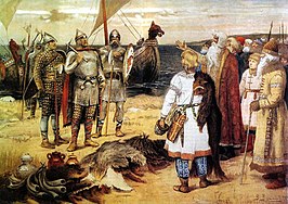 Rurik en zijn broers Troevor en Sineus komen aan in Ladoga. 19e-eeuws nationalistisch fantasieschilderij van Apollinari Vasnetsov.