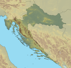 Mapa konturowa Chorwacji, blisko centrum na lewo znajduje się punkt z opisem „Park Narodowy Paklenica”