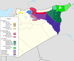 Rojava Kantonlar: Afrin Kantonu (koyu sarı), Kobani Kantonu (kırmızı, mor ve pembe), Cezire Kantonu (yeşil) ve Şahba mıntıkası (açık sarı)