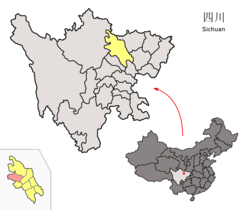 Location of Beichuan County (lower left of the picture with colour of violet) within Mianyang City (yellow) and Sichuan