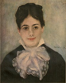 Auguste Renoir: Lächelnde Frau (Madame Fournaise), 1875. Typischer Kragen mit Schleife vom Ende des 19. Jahrhunderts