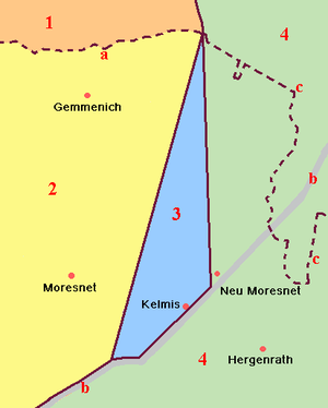 Legendă: (1) Provincia olandeză Limburg, (2) Provincia belgiană Liège, (3) Moresnet, (4) Provincia Prusacă Rhineland