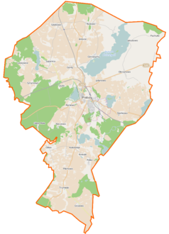 Mapa konturowa gminy Prabuty, blisko centrum u góry znajduje się punkt z opisem „Gąski”