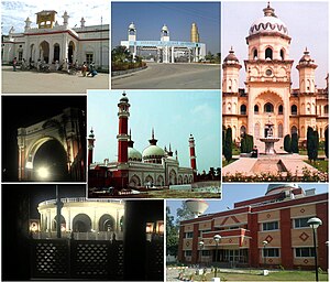 Center: Jama Masjid Rampur, Clockwise from top : Rampur Railway Station; Mohammad Ali Jauhar University; Rampur Raza Library; Aryabhatt Planetarium; Gandhi Samadhi; Bab e Nijaat.