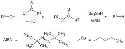 Reaktionsschema der Barton-McCombie-Desoxygenierung