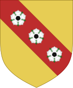 Riedenburg: Or, on a bend gules three roses argent [or sable[23]], as depicted in the Codex Manesse