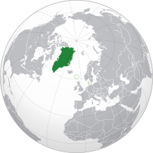 Location of Greenland (dark green) in the Kingdom of Denmark (light green)