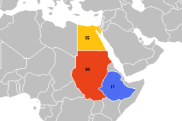 Egypte (geel), Soedan (rood) en Ethiopië (blauw).