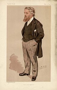 Drawing of a heavily-bearded man, hands in pockets, wearing a black tailed coat, striped trousers, waistcoat and watch chain.