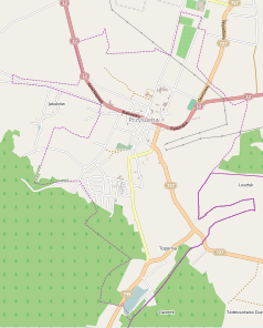 Mapa konturowa Przysuchy, blisko centrum na dole znajduje się punkt z opisem „Parafia Miłosierdzia Bożego”