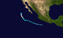 A track map of the path of a hurricane off the Pacific coast of Mexico