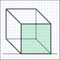 Würfel in Kavalierperspektive von links oben. Die Tiefenlinien sind um den Faktor √2 verkürzt.