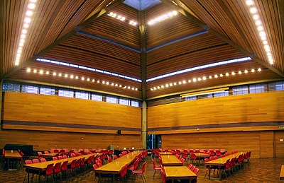 Unlike most other colleges at Oxford, the dining hall at Wolfson College does not have a separate High Table for the college's Fellows. Instead, they dine alongside the students, who are all carrying out postgraduate work.