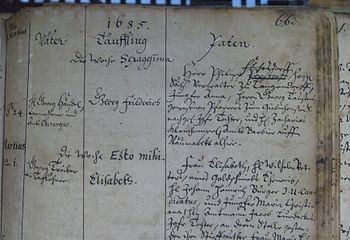 Taufeintrag Händels im Kirchenbuch der Marktkirche Unser Lieben Frauen am 24. Februar 1685