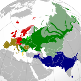 alt= ■ Grieks ■ Romaanse talen ■ Indo-Iraanse talen ■ Keltische talen ■ Germaanse talen ■ Armeens ■ Baltische talen ■ Slavische talen ■ Albanees ■ Niet-Indo-Europese talen