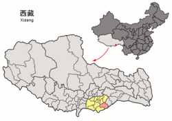 Location of Lhünzê County (red) within Shannan City (yellow) and the Tibet Autonomous Region