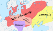 Ausdehnung der Kulturen 3200–2300 v. Chr. mit den Schnurkeramikern, Kugelamphoren-Kultur und Badener Kultur
