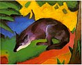 Franz Marc: Blauschwarzer Fuchs, 1911. Das Tier wird durch die Kontraste der annähernd reinbunten Umgebungsfarben eingefangen (charakterisiert).[1]