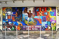 Picture of a mural featuring multiple elements related to the National Polytechnic Institute, including multiple logos of faculties, American football players and a person waving a flag.