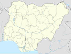 Mapa konturowa Nigerii, blisko centrum na dole znajduje się punkt z opisem „Gboko”