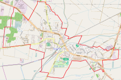 Mapa konturowa Odolanowa, blisko centrum na dole znajduje się punkt z opisem „Kościół św. Marcina w Odolanowie”