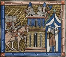 Armed horsemen and an armed man standing before a tent by a stone fortress, with two armed men on its walls